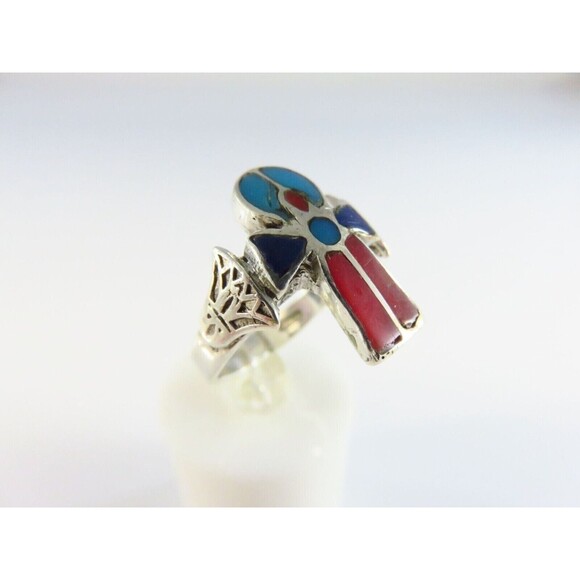 Vintage Ankh Ring With Red Blue Enamel Accent 800 Silver Mid Century 6.75 - Picture 3 of 11